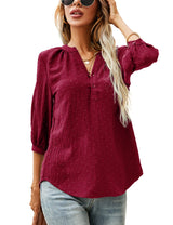 LOMON Women's Casual 3/4 Sleeve Henley V-Neck Button Up Pleated Back Blouses Swiss Dot Blouse Tops T-Shirts S-XXL