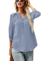 LOMON Women's Casual 3/4 Sleeve Henley V-Neck Button Up Pleated Back Blouses Swiss Dot Blouse Tops T-Shirts S-XXL