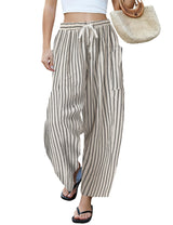 LOMON Womens Wide Leg Linen Pants Casual Drawstring Palazzo Harem Pants Summer Loose Beach Travel Vacation Pants with Pockets