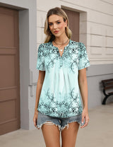 LOMON Womens Tops Dressy Casual V Neck Short Sleeve Shirts Summer Pleated Blouses Button Down Tunic Loose Fit