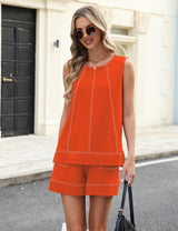 LOMON Womens Two Piece Short Sets Summer Round Neck Sleeveless Tank Tops Drawstring Elastic Waist Shorts with Pockets