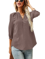 LOMON Women's Casual 3/4 Sleeve Henley V-Neck Button Up Pleated Back Blouses Swiss Dot Blouse Tops T-Shirts S-XXL