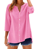 LOMON Womens 3/4 Sleeve Button Down Shirts Cotton Linen Roll Up Short Sleeve Tops V Neck Casual Loose Fit Blouses