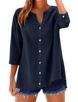 LOMON Womens 3/4 Sleeve Button Down Shirts Cotton Linen Roll Up Short Sleeve Tops V Neck Casual Loose Fit Blouses