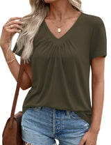LOMON Womens Summer Tops Short Sleeve V Neck Pleated T-Shirts Loose Fit Dressy Casual Blouses S-XXL