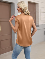 LOMON Women Silk Satin Tops Cap Short Sleeve Blouse V Neck Shirts Business Casual Outfits