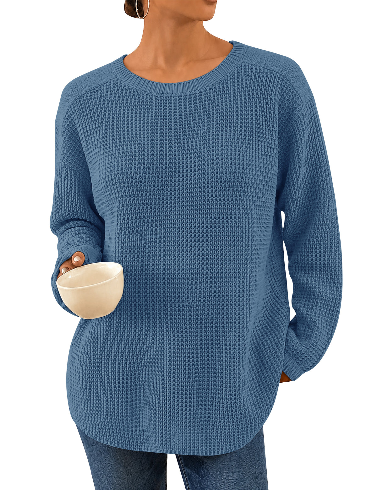 LOMON Womens Sweaters Crewneck Waffle Knit Top Winter Fall Fashion Clothing