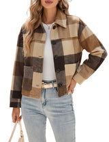 LOMON Women's Flannel Cropped Plaid Shacket Jacket Button Down Fall Outfits