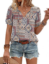 LOMON Boho Tops for Women Summer V-Neck Tie Front Peasant Blouses Casual Puff Sleeve Loose-Fit Flowy Shirts Beach Vacation