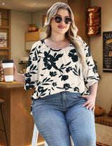 LOMON Womens Plus Size Tops Summer 3/4 Length Sleeve Crewneck Blouses Dressy Casual Loose Curvy Flowy Tunic Shirts 1X-5X