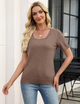 LOMON Womens Short Sleeve Sweater Spring Square Neck Knit Tops Summer Fahshion Business Casual Tops