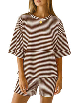 LOMON Two Piece Sets for Women Summer 3/4 Sleeve Tops and Elastic Waist Shorts Pajamas Cute Comfy Soft Lounge Striped Pjs