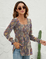 LOMON Blouses for Women Puff Long Sleeve Shirts Square Neck Casual Smocked Tunic Tops 2024 Spring Fall Winter Clothes S-XL