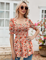 LOMON Women's Tunics Square Neck Puff Short Sleeve Smocked Top Ladies Peplum Blouse Tee Shirts 2025 Spring Summer S-XL