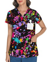 LOMON Women's V Neck Printed Scrub Top with 3 Pockets