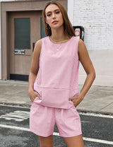 LOMON Women's Trendy 2 Piece Outfits Shorts Sets Summer Crew Neck Sleeveless Tank Top and Bottom Matching with Pockets 2026