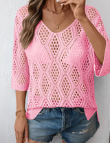 LOMON Womens 3/4 Sleeve Crochet Tops Off Shoulder Hollow Out Sweater V Neck Casual Loose Fit Beach Cover Up