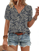 LOMON Boho Tops for Women Summer V-Neck Tie Front Peasant Blouses Casual Puff Sleeve Loose-Fit Flowy Shirts Beach Vacation