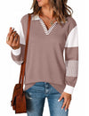 LOMON V Neck Long Sleeve Loose Sweaters Color Block Striped Knitted Pullover Jumper Tops