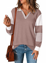 LOMON V Neck Long Sleeve Loose Sweaters Color Block Striped Knitted Pullover Jumper Tops