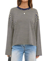 LOMON Striped Long Sleeve Shirt Women Y2k Oversized Crewneck Fall Spring Drop Shoulder Vintage Tops Teen Girl Clothes