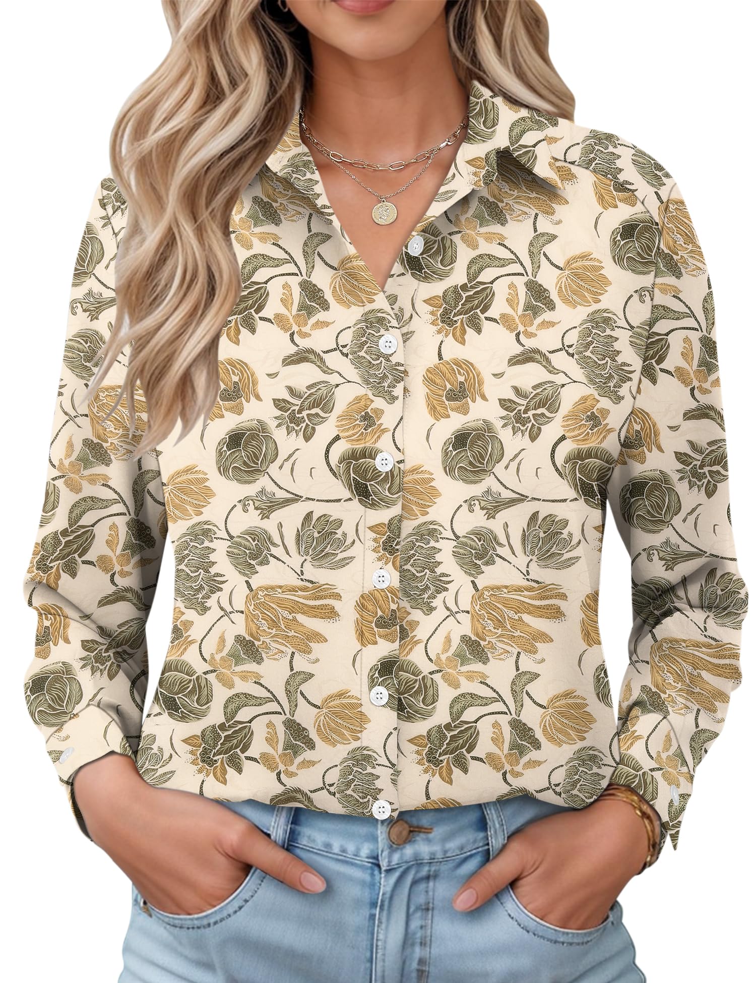LOMON Womens Long Sleeve Button Down Shirts Casual Loose Fit Cotton Collared Blouses