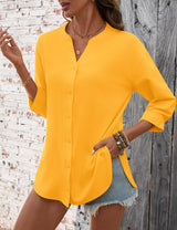 LOMON 3/4 Length Sleeve Womens Tops V Neck 3/4 Sleeve Sides Slit Button Down Shirts Cotton Linen Casual Loose Blouses