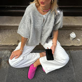 Lomon Womens Spring Summer Short Sleeve Cardigan Sweaters Trendy Crew Neck Button Down Lightweight Knit Outfit Y2k Clothes