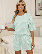 LOMON Two Piece Sets for Women Summer 3/4 Sleeve Tops and Elastic Waist Shorts Pajamas Cute Comfy Soft Lounge Striped Pjs