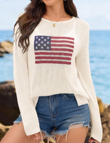 LOMON Beach Cover Up for Women Letter Print Long Sleeve Sweater Crochet Tops Shirts Casual Crewneck Split Hem Pullover