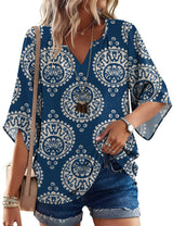 LOMON Women's 3/4 Length Sleeve Boho Tops V Neck Casual Vacation Clothes Loose Fit Tunic Shirts S-3XL
