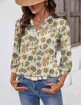 LOMON Womens Tops Dressy Summer 3/4 Length Sleeve Henley V Neck Button Down Shirts Pleated Blouses S-XXL