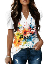 LOMON Spring Summer Tops for Women 2026 V Neck Puff Short Sleeve Tops Fashion Trendy Work Blouses Dressy Casual S-XXL
