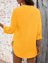 LOMON 3/4 Length Sleeve Womens Tops V Neck 3/4 Sleeve Sides Slit Button Down Shirts Cotton Linen Casual Loose Blouses