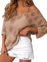 LOMON Womens 3/4 Sleeve Crochet Tops Off Shoulder Hollow Out Sweater V Neck Casual Loose Fit Beach Cover Up