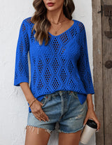 LOMON Womens 3/4 Sleeve Crochet Tops Off Shoulder Hollow Out Sweater V Neck Casual Loose Fit Beach Cover Up