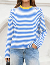 LOMON Striped Long Sleeve Shirt Women Y2k Oversized Crewneck Fall Spring Drop Shoulder Vintage Tops Teen Girl Clothes