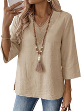 LOMON Women's 3/4 Length Sleeve Boho Tops V Neck Lace Summer Outfits Dressy Casual Flowy Shirts Vacation Clothes Blouses