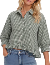 LOMON Womens 3/4 Sleeve Button Down Tops Dressy Casual Collared Shirts Blouses Ruffle Babydoll Tops Loose Fit