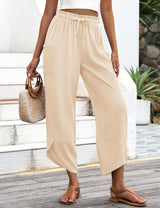LOMON Women Linen Palazzo Pants Boho Wide Leg Elastic Waisted Casual Capri Pant Summer Harem Lounge with Pockets
