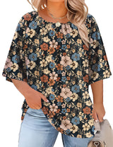 LOMON Womens Plus Size Tops Summer 3/4 Length Sleeve Crewneck Blouses Dressy Casual Loose Curvy Flowy Tunic Shirts 1X-5X