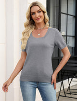 LOMON Womens Short Sleeve Sweater Spring Square Neck Knit Tops Summer Fahshion Business Casual Tops