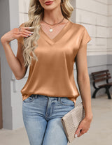LOMON Women Silk Satin Tops Cap Short Sleeve Blouse V Neck Shirts Business Casual Outfits