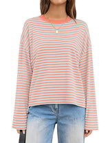 LOMON Striped Long Sleeve Shirt Women Y2k Oversized Crewneck Fall Spring Drop Shoulder Vintage Tops Teen Girl Clothes