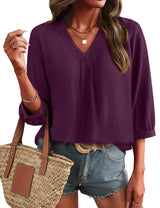 LOMON Womens 3/4 Sleeve V Neck Boho Peasant Blouses Dressy Casual Breathable Soft Tunic Tops with Button Cuffs