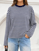 LOMON Striped Long Sleeve Shirt Women Y2k Oversized Crewneck Fall Spring Drop Shoulder Vintage Tops Teen Girl Clothes