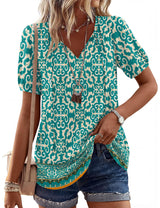 LOMON Boho Tops for Women Summer V-Neck Tie Front Peasant Blouses Casual Puff Sleeve Loose-Fit Flowy Shirts Beach Vacation