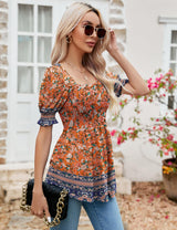 LOMON Women's Tunics Square Neck Puff Short Sleeve Smocked Top Ladies Peplum Blouse Tee Shirts 2025 Spring Summer S-XL