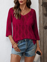 LOMON Womens 3/4 Sleeve Crochet Tops Off Shoulder Hollow Out Sweater V Neck Casual Loose Fit Beach Cover Up