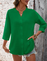 LOMON 3/4 Length Sleeve Womens Tops V Neck 3/4 Sleeve Sides Slit Button Down Shirts Cotton Linen Casual Loose Blouses
